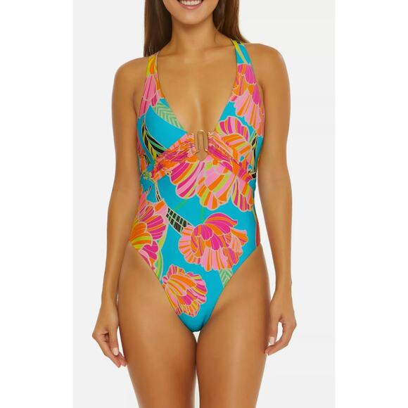 Trina Turk Poppy Plunge One-Piece Swimsuit BlueMulti Womens Size 14 3731035 - Picture 1 of 16
